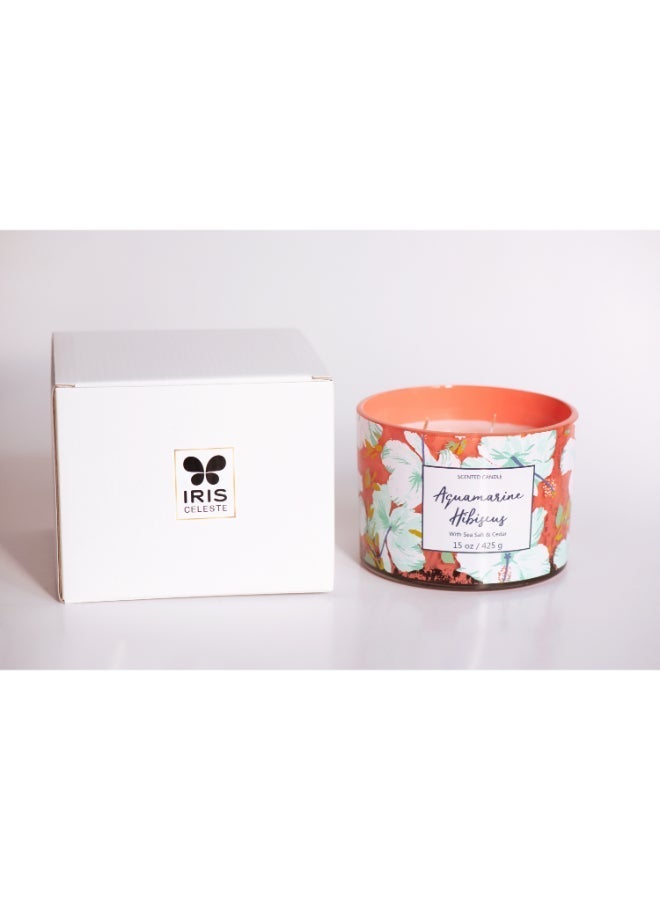 IRIS CELESTE Aquamarine Hibiscus Jar Candle 425grams - 3 wick Scented candle 15oz  | 50 hrs burn-time | Perfect for Gifting, Home Décor, Parties & Room Perfuming | Ideal for Living room and Office Décor - Image 3